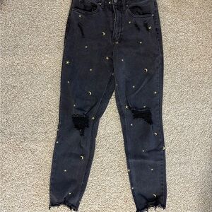Women's  Black Mom Jeans with Star and Moon Design